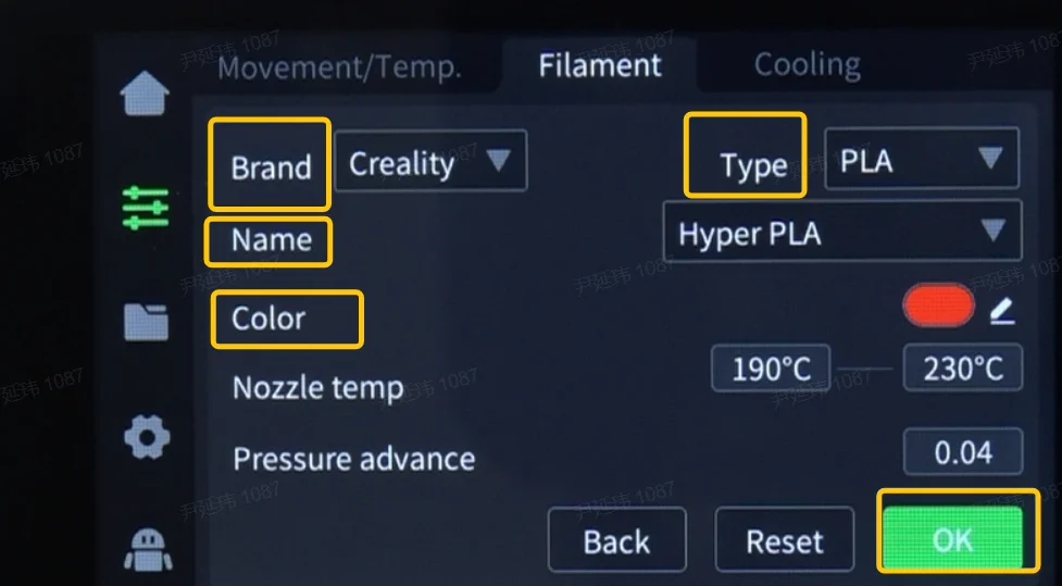 Edit filament information
